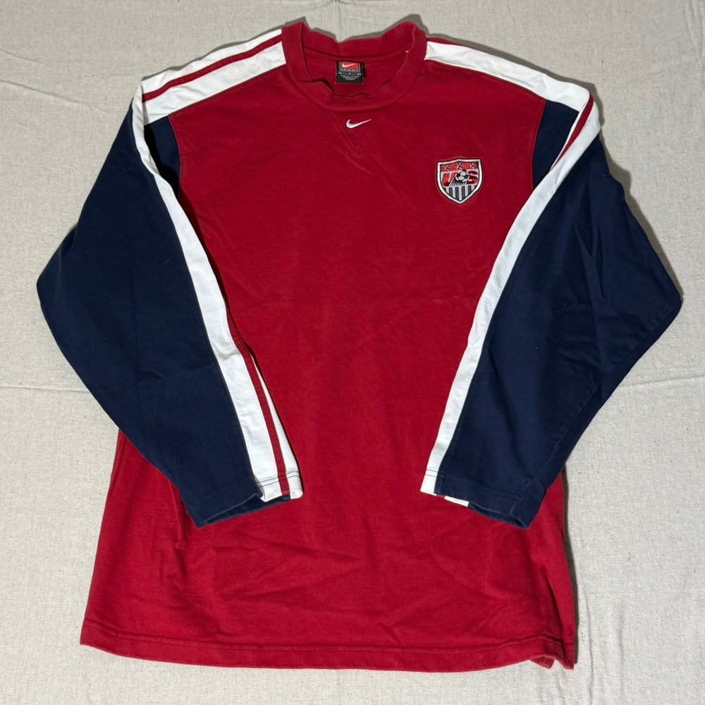 Nike Team US Soccer Mens Large Red Long Sleeve Colorblock Shirt Embroidered Logo